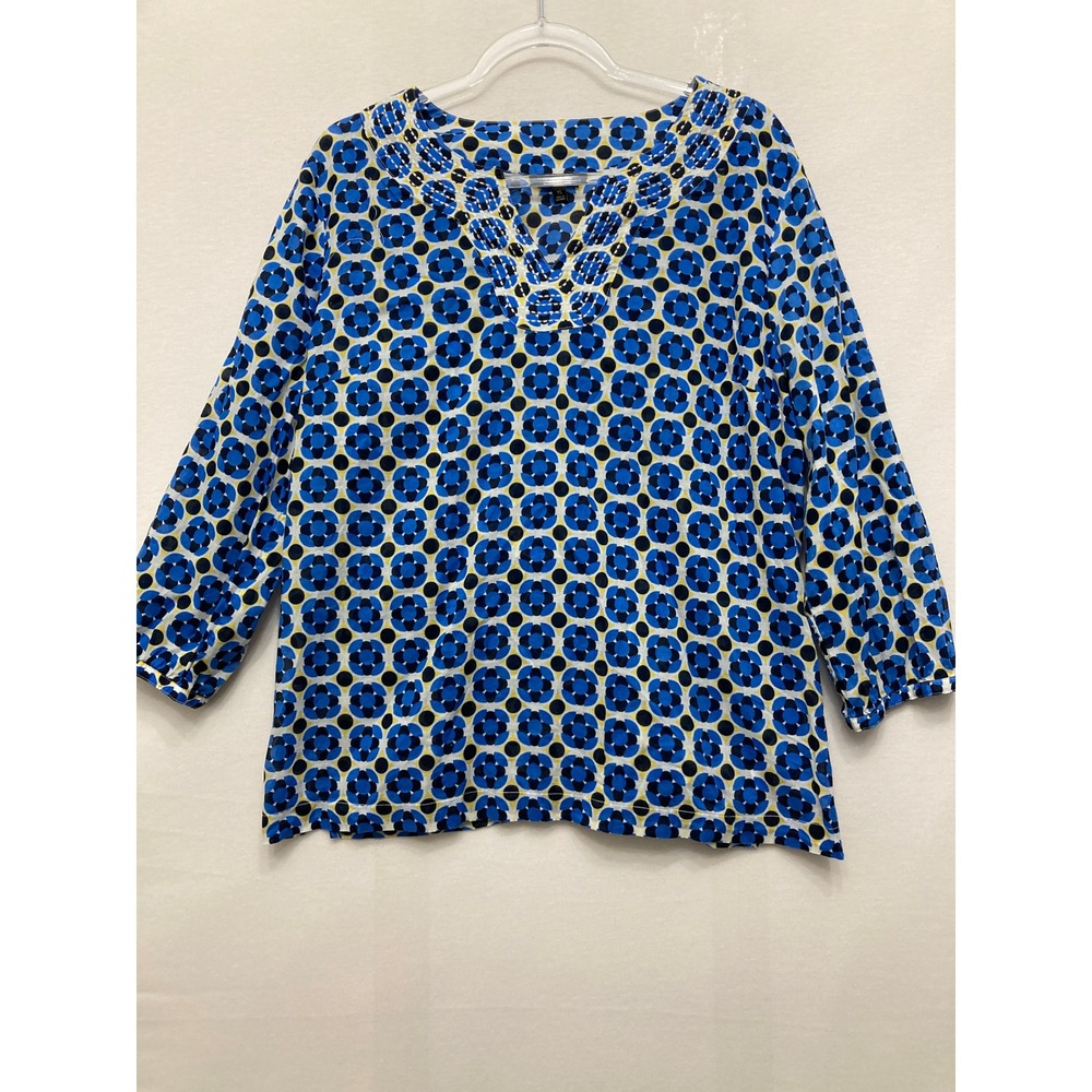 Talbots Blouse Size XL Blue Yellow Geometric Floral V-Neck 3/4 Sleeve Relaxed